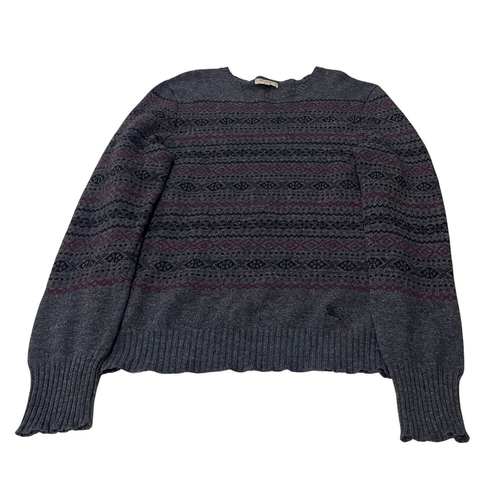 BURBERRY LONDON Fair Isle Knit Crewneck Sweater Charcoal Grey Burgundy L